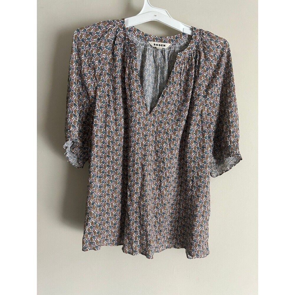 BODEN Smocked V-Neck Blouse All Over Paisley Print top size US14
